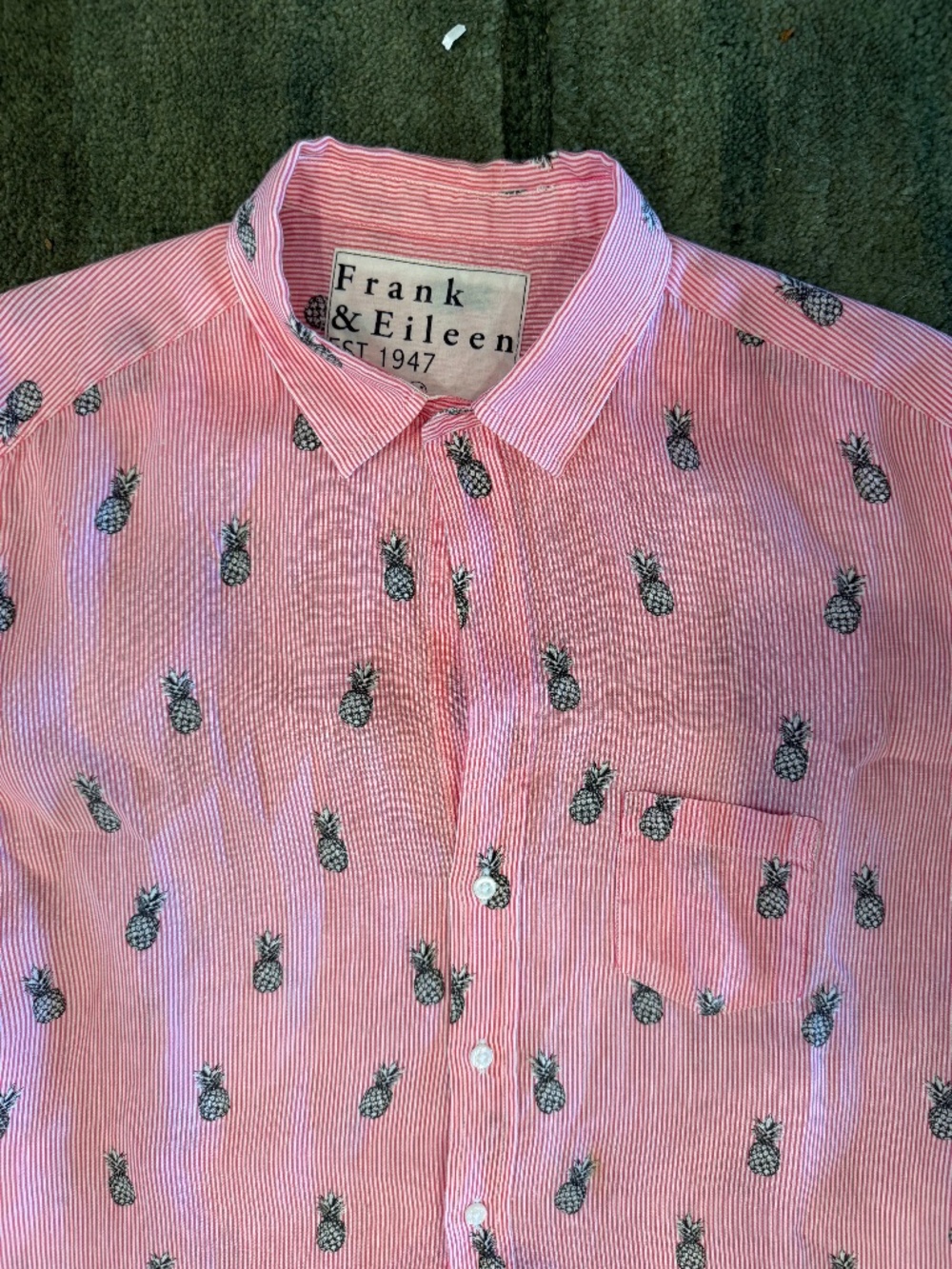 FRANK & EILEEN 3/4 SLV BUTTON DOWN PINK STRIPE/BLK PINEAPPLE 100% LINEN MED